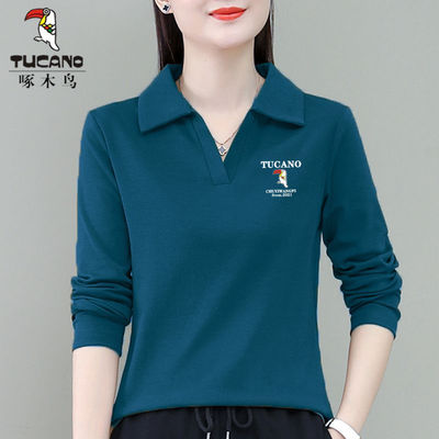 啄木鸟长袖T恤女纯棉ins潮春秋2025年翻领百搭修身时尚套头打底衫