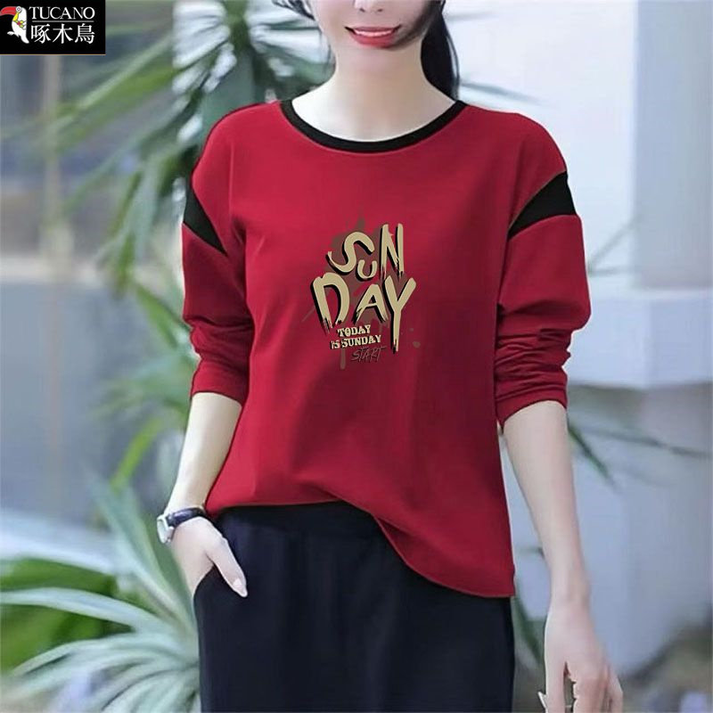 啄木鸟新款纯棉长袖T恤女士减龄2026年春秋大码显瘦圆领印花上衣