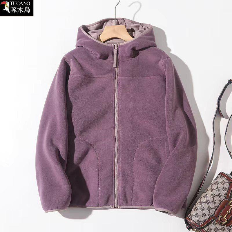 啄木鸟2025年冬季加绒加厚连帽开衫外套女士新款宽松显瘦拉链卫衣