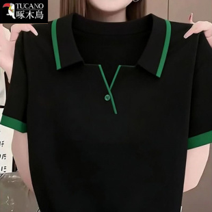 短袖 啄木鸟正品 薄款 上衣2026年夏季 纽扣翻领T恤中年女士减龄 新款