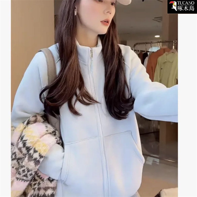 啄木鸟冬季加绒长袖韩版通勤上衣新款立领拉链简约卫衣女宽松显瘦