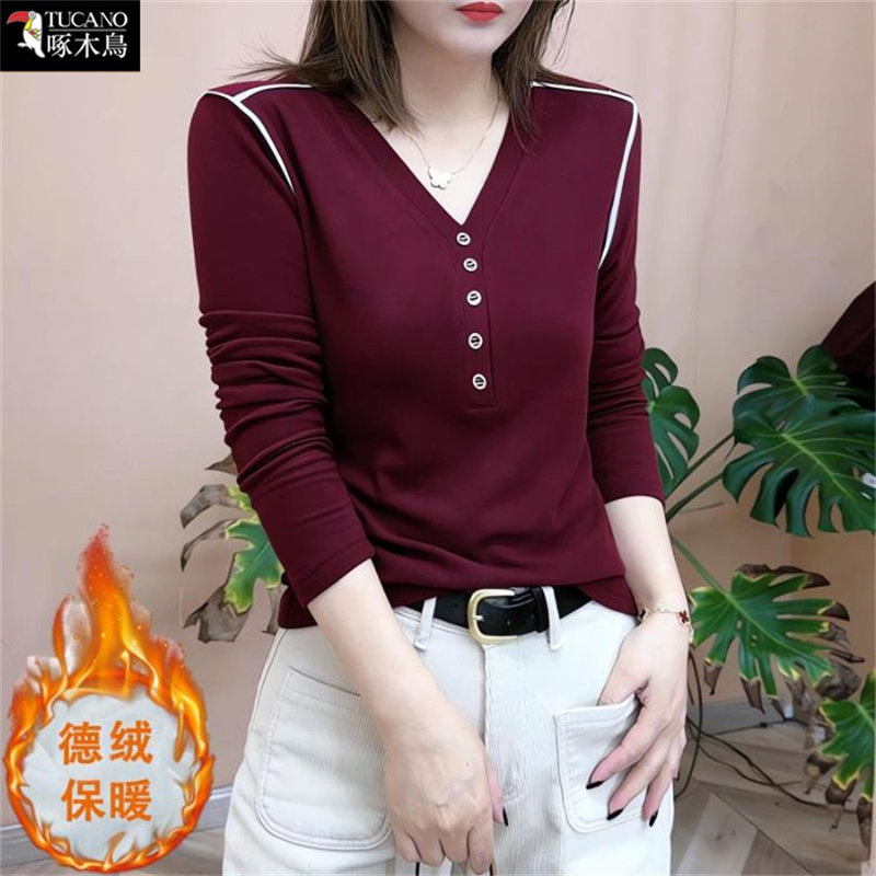 啄木鸟V领长袖T恤女秋冬德绒保暖修身显瘦打底衫新款休闲内搭上衣