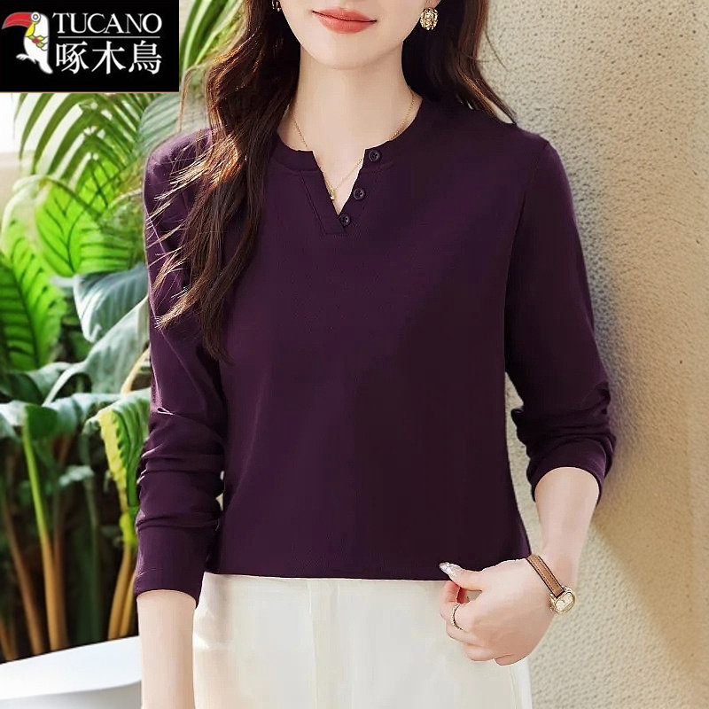 啄木鸟纯棉长袖打底衫t恤女士2024秋冬季新款洋气中年休闲V领上衣