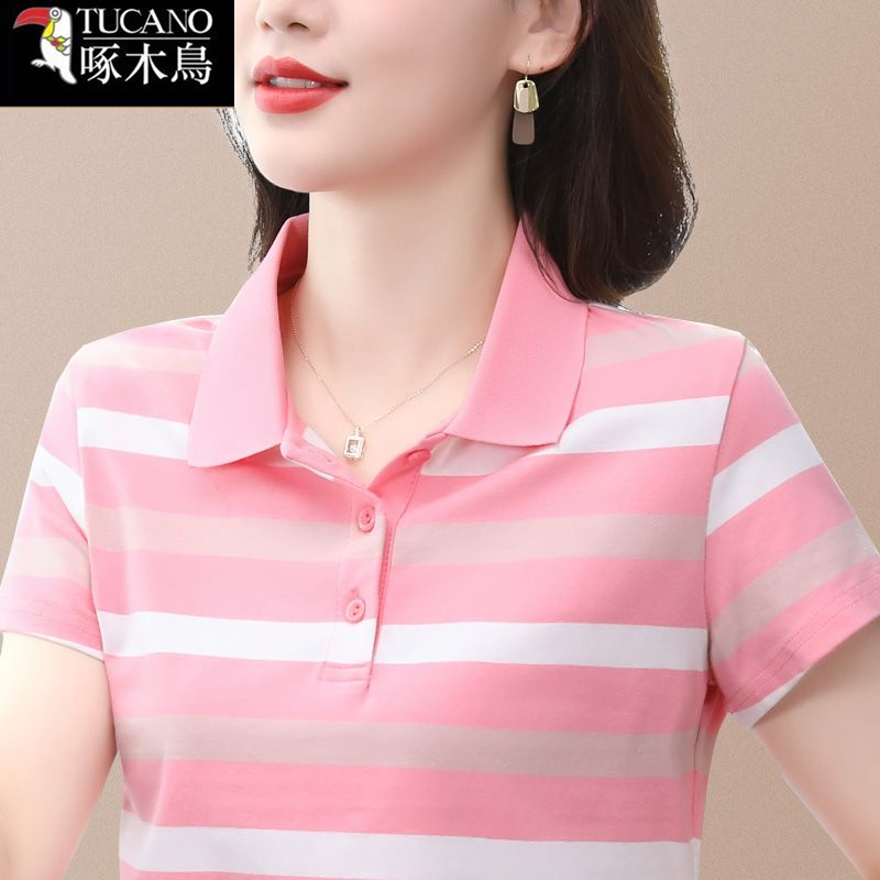啄木鸟夏季薄款翻领短袖T恤女2025年新款条纹时尚设计感宽松上衣