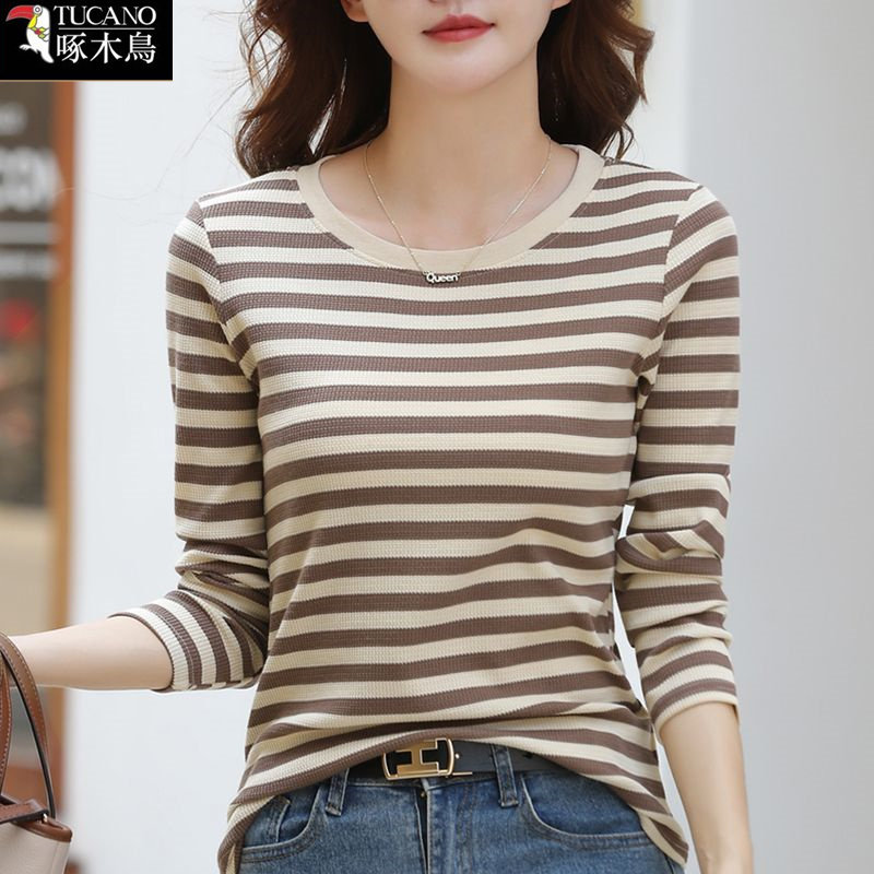 啄木鸟2025年新款条纹拼接撞色上衣T恤女秋季长袖圆领简约打底衫