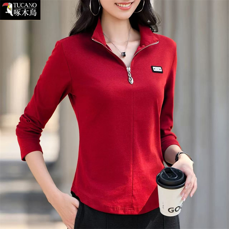 2025年新款半拉链翻领长袖T恤女