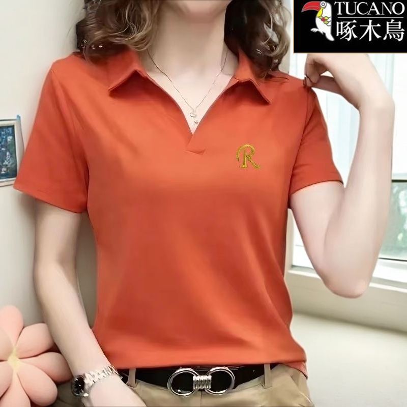 啄木鸟翻领女士短袖t恤2025年新款夏季薄款刺绣高级感POLO领上衣