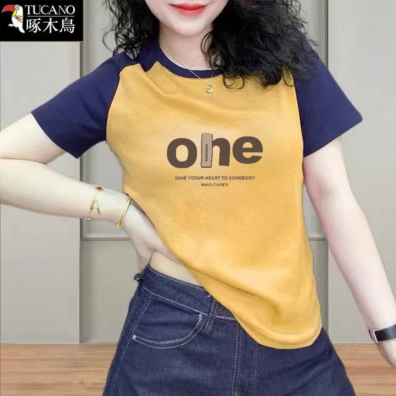 啄木鸟字母印花修身显瘦上衣中年女士插肩袖设计夏季薄款短袖T恤