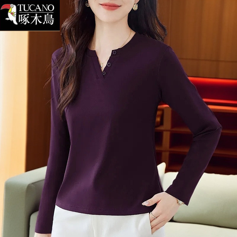 啄木鸟纯棉长袖t恤女秋冬季2024年新款修身显瘦百搭V领打底衫上衣