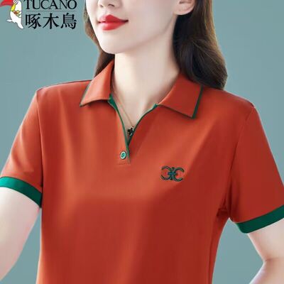 啄木鸟女士显瘦夏季短袖T恤衫2024新款中年纯棉翻领妈妈夏装上衣