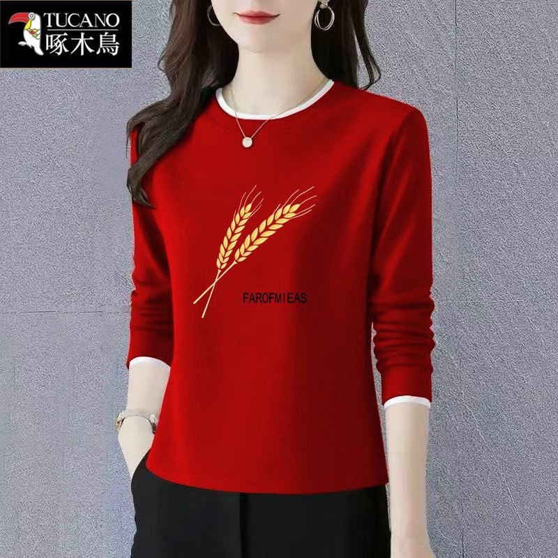 啄木鸟红色春季长袖印花T恤女2026年新款圆领拼色休闲百搭打底衫