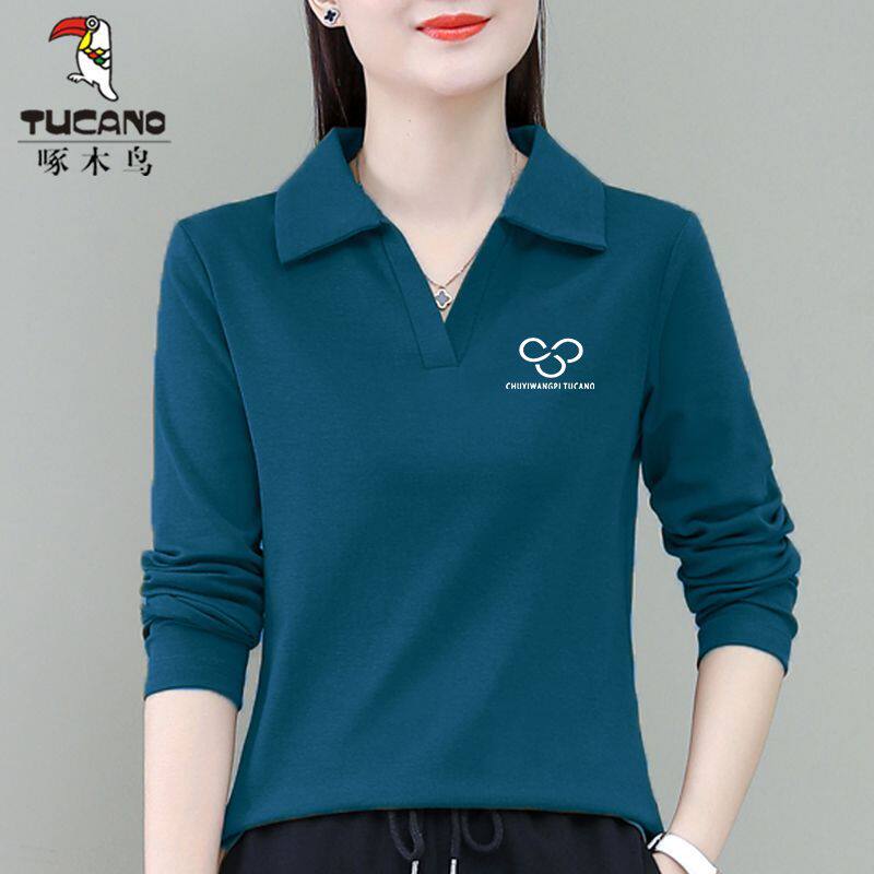 啄木鸟长袖T恤女纯棉春秋2024年时尚修身翻领百搭套头打底衫ins潮