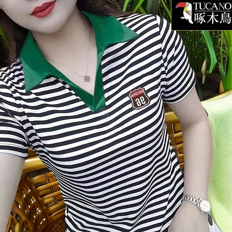 啄木鸟夏季薄款短袖polo上衣时尚百搭2025新款显瘦条纹翻领t恤女