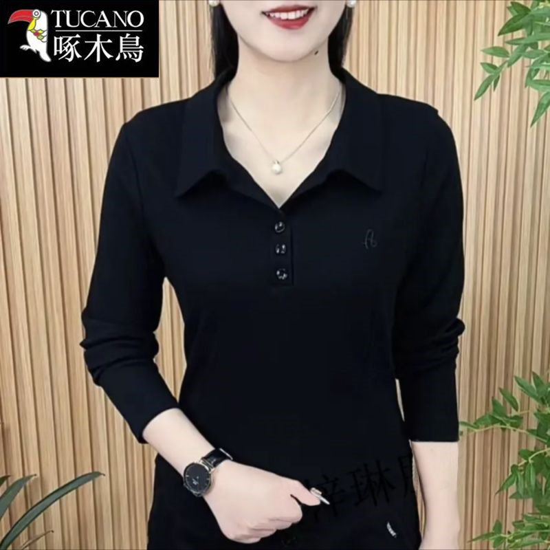 啄木鸟时髦内搭通勤打底衫女2025新款秋季宽松polo翻领设计感上衣