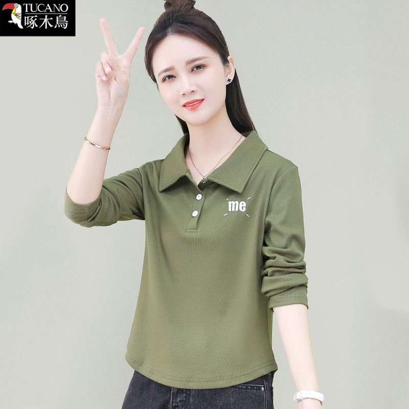 啄木鸟正品洋气长袖t恤女翻领上衣简约刺绣POLO衫2025年秋季新款