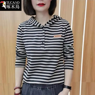 啄木鸟连帽卫衣女2025新款春秋条纹拼色长袖韩版时尚显瘦上衣t恤