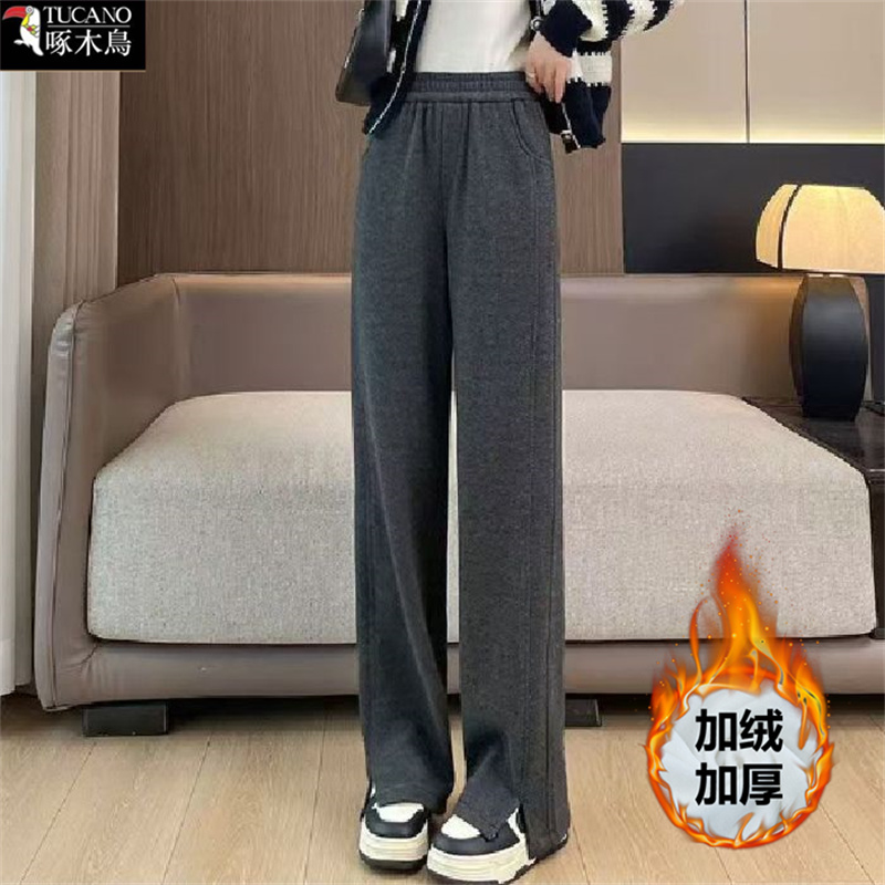啄木鸟冬季加绒加厚口袋拼接设计直筒裤新款遮肉显瘦简约休闲裤女