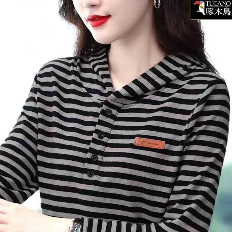啄木鸟新款条纹拼接撞色女士t恤秋季长袖外穿上衣连帽套头打底衫