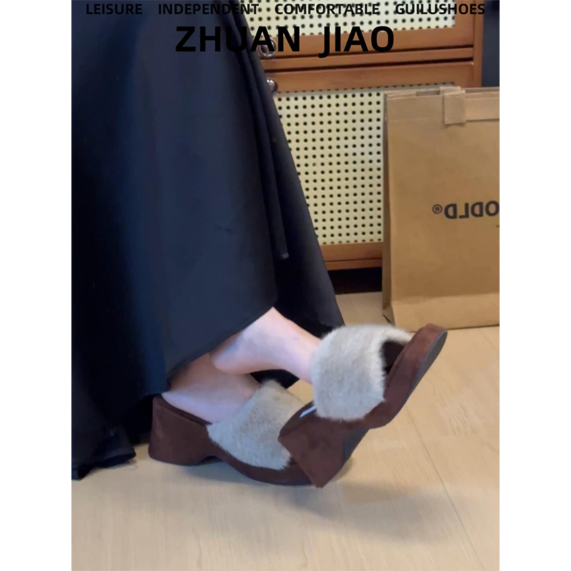羊皮版~复古方头毛毛拖鞋女防水台一字带时尚气质懒人厚底高跟鞋