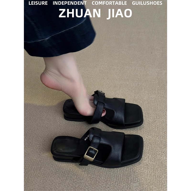 羊皮版~新款小众设计厚底通勤凉拖鞋软底皮带扣镂空方头黑色凉拖