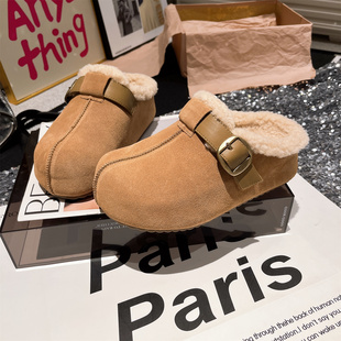 女鞋 真皮羊羔毛毛鞋 托懒人勃肯鞋 外穿鞋 金属扣厚底松糕包头半拖鞋