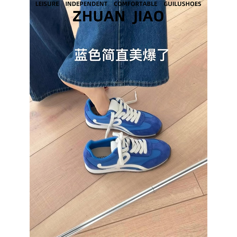 真皮复古蓝色德训鞋女2025春季新款百搭系带休闲运动鞋厚底阿甘鞋
