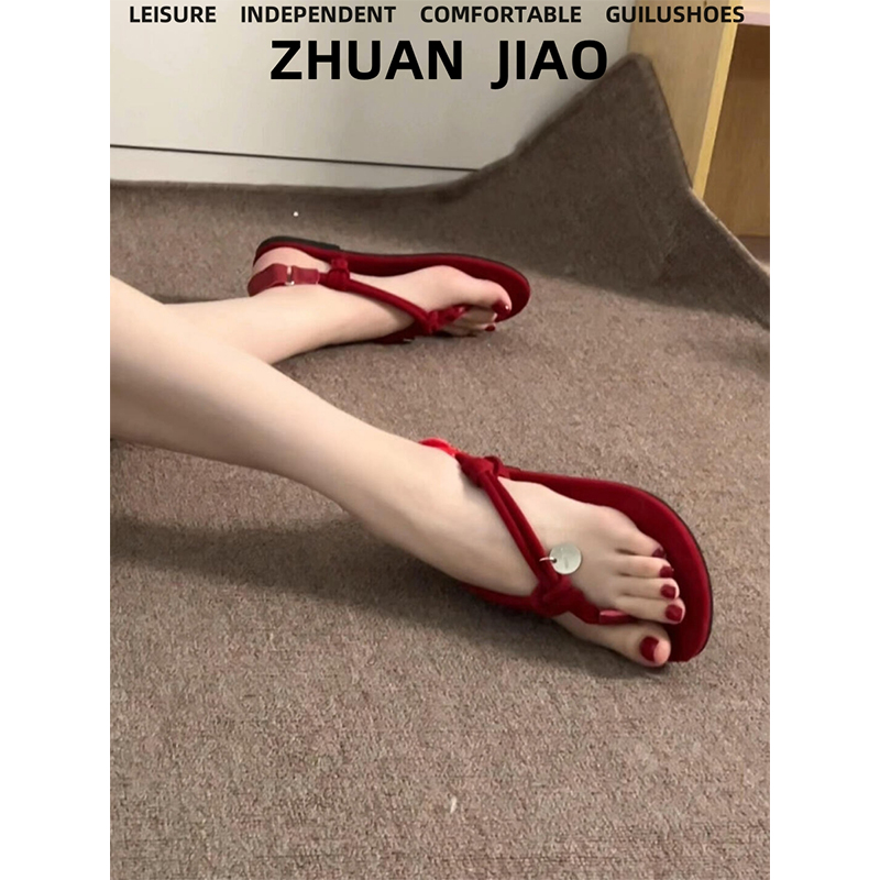 羊皮版~复古编织夹趾罗马凉鞋女夏季外穿法式简约百搭平底人字拖