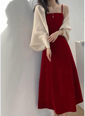 春夏新款柔美优雅显瘦红色年会生日订婚结婚礼服收腰吊带连衣裙