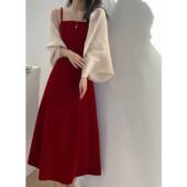 秋冬高级感日常可穿回门订婚红色吊带连衣裙 毛衣披肩两件套装