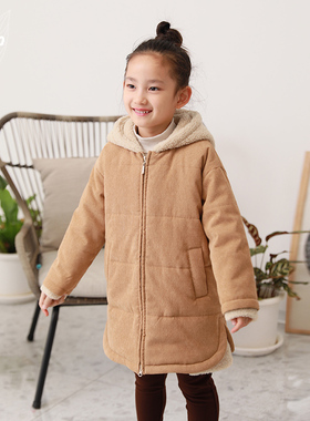 知了童装 冬装新款儿童中长款连帽棉衣加厚灯芯绒外套女童52239