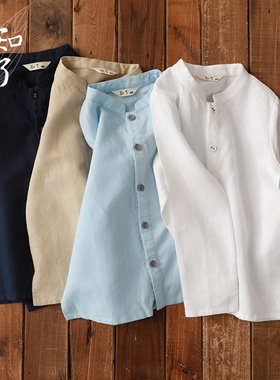 知了童装 秋季儿童新品男童长袖衬衣宽松亚麻中式文艺衬衫 K3219