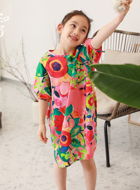知了童装 夏季新品女童全棉印花连衣裙灯笼袖宽松裙子儿童53157