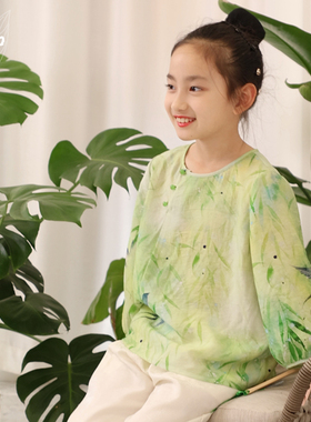 知了童装 秋款国风小衫新中式圆领印花衬衫女童七分袖上衣55260