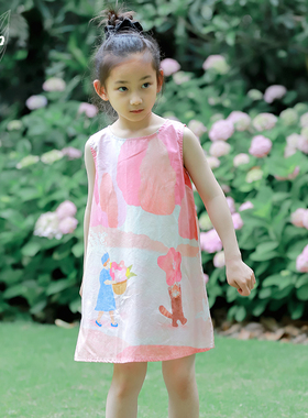 知了童装 纯棉印花背心裙女童夏季无袖连衣裙宽松A摆公主裙53208