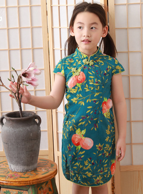 知了童装 夏装女童短袖中国风连衣裙儿童日常印花旗袍少女裙K6583