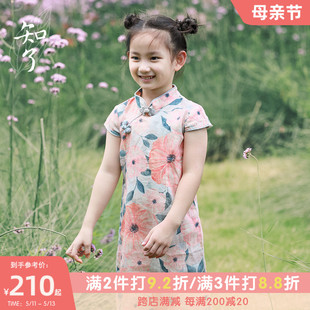 知了童装 中式 女童短袖 夏季 连衣裙儿童印花旗袍亚麻52352