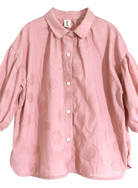 知了童装 春夏女童全棉剪花衬衫宽松娃娃领上衣七分袖衬衣55350