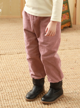 知了童装 冬装儿童新款中大童加绒灯芯绒加厚束口裤女童裤子K4685