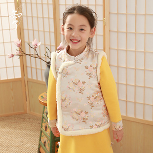 知了童装 秋冬装新款儿童中国风中式连衣裙马甲复古女童套装K6306