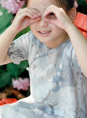 知了童装 改良中式宽松女童旗袍裙夏季亚麻短袖印花连衣裙52319