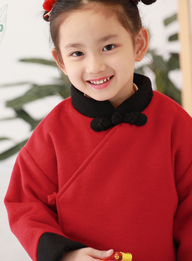 知了童装 冬装文艺女童中式拜年服唐装儿童毛呢外套夹棉加厚K1377