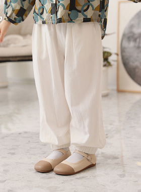 知了童装 女童秋款宽松休闲裤棉麻束口九分裤阔腿裤儿童53107