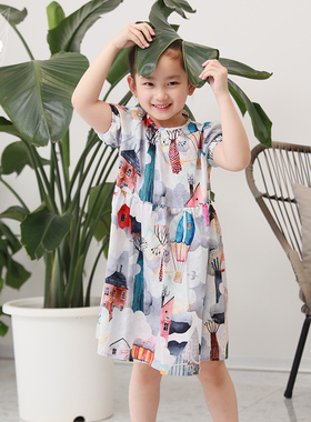知了童装 女童创意印花短袖连衣裙全棉儿童洋气套头娃娃裙夏52132