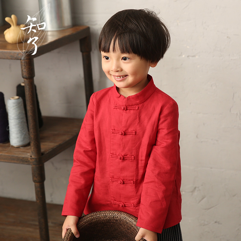 男童棉麻中式立领长袖衬衫春秋款