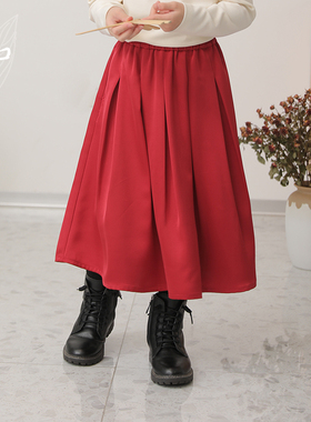 知了童装 女童新中式简约国风大摆裙中大童松紧腰长款半身裙55225