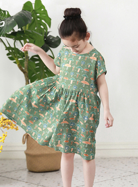 知了童装 女童小清新竹节棉印花连衣裙宽松高腰度假风沙滩裙53270
