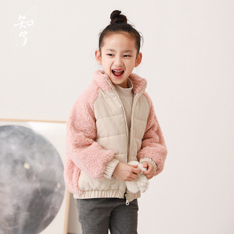 知了童装 秋冬女童夹棉拼接仿羊羔绒外套立领休闲棉衣儿童52241,童装/婴儿装/亲子装,普通外套,淘宝优惠券,粉丝福利购,淘宝优惠卷