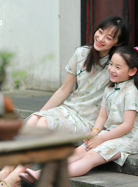 知了童装 夏季儿童中式连衣裙复古中国风女童亚麻亲子装旗袍K6713