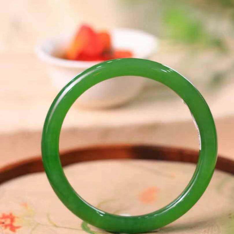 纯天然和田玉碧玉手镯玉镯碧玉镯子52.8圈口带证书油绿细圆条