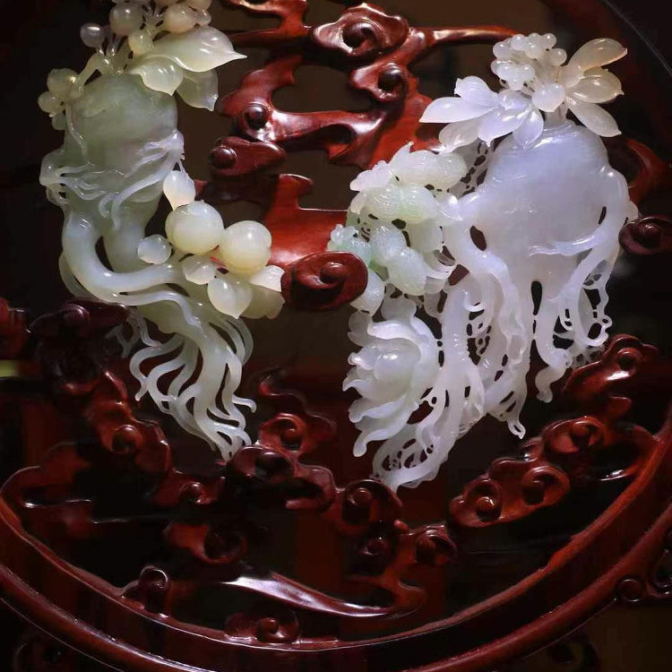 高档天然白玉石翠紫人生如意摆件